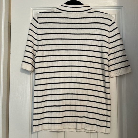 Talbots black and white striped BUTTON SHOULDER MOCKNECK TOP short sleeve S - Picture 3 of 5